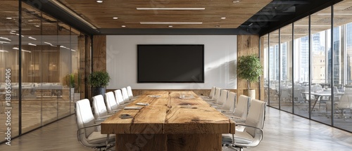 Modern executive conference room with large wooden table, white chairs, glass walls, and city view
