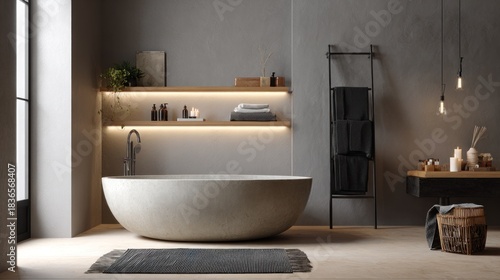 Tranquil and modern bathroom interior with freestanding stone bathtub, textured grey walls, warm ambient lighting, and natural decor elements