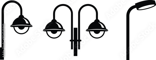 Elegant Street Lamp and Modern Light Post Black Silhouette Vector Icon Set for Urban Landscape City Park Boulevard Lighting Design Elements Isolated on White Background