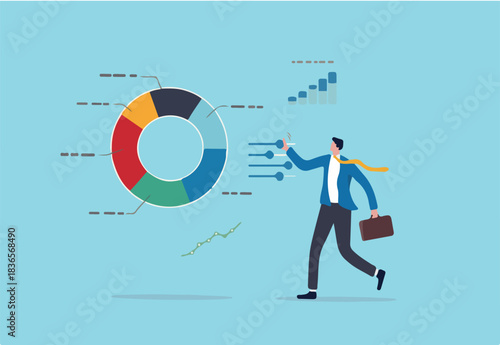Investment portfolio adjustment, asset allocation rebalance, diversify financial plan for economic recession, inflation and interest rate concept, businessman fund manager adjust portfolio pie chart.