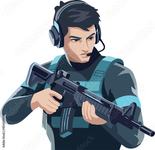 Soldier Wearing Headset Holding Assault Rifle Military Special Forces Combat Mission Vector Illustration on Transparent