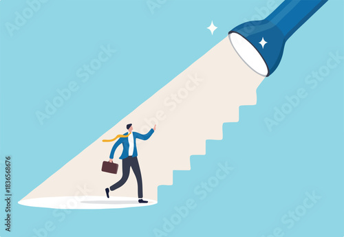 Spotlight to guide career success, recruitment or HR finding candidate or talent, opportunity or career growth, ladder of success concept, businessman walk up flashlight with staircase light beam