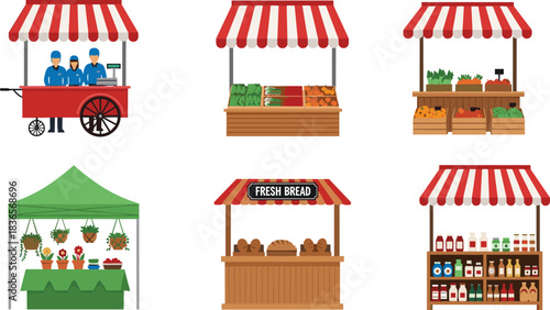 Farmers Market Stalls Collection illustration set: Street Vendor Cart, Fresh Fruit and Vegetable Stand, Flower Booth, Bakery Shop, Milk and Dairy Product Rack, Outdoor Local Fair simple Vector art.