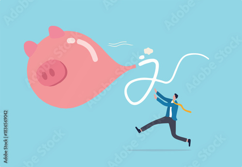 Loss money from economic crisis or stock market crash, financial problem or losing all savings pension concept, businessman running trying to catch flying deflate piggy bank balloon