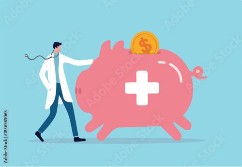 Health saving account, HSA, financial plan saving for medical expense or medicare cost and benefits concept, doctor with stethoscope standing with huge pink piggy bank or coin bank with medical sign.