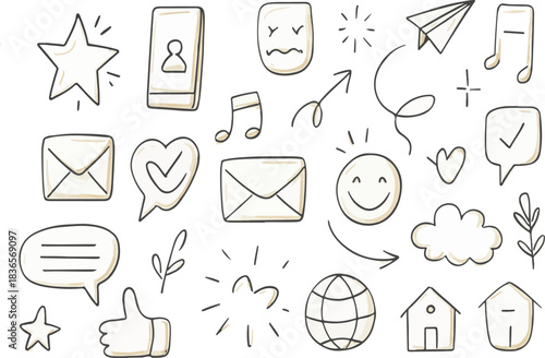 Hand Drawn Doodle Icon Set for Social Media, Communication, and UI Design Elements