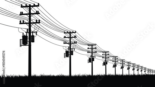 High Voltage Power Lines Silhouette Against Dramatic Gradient Sunset Sky, Vector Illustration Representing Electrical Energy Transmission, Infrastructure, and Industrial Electric Pylon Technology.
