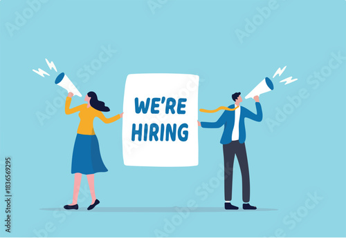 HR recruiting announcement we are hiring advertisement, human resources or employer looking for candidate for job vacancy concept, business people HR with megaphone holding we are hiring sign.
