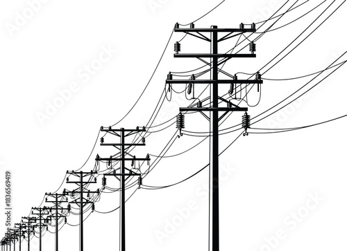 High Voltage Power Lines, Utility Poles, and Electricity Distribution Grid Infrastructure Vector Illustration, Transmitting Energy for Modern City Development and Global Network Technology.