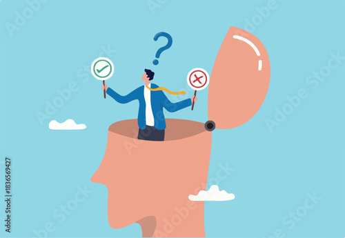 Decision making or logical thinking, choose right or wrong, correct or incorrect, solve problem, critical thinking, decide and dilemma concept, businessman in his head making decision right or wrong.
