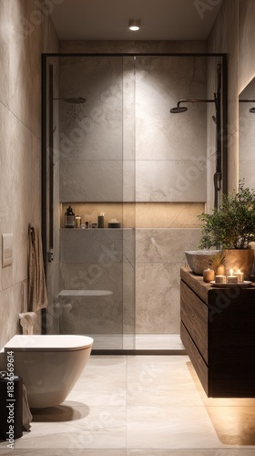 Elegant and modern spa-like bathroom interior with warm ambient lighting, natural stone tiles, dark wood vanity, and inviting candle accents