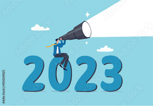 Year 2023 outlook, business opportunity or new challenge ahead, vision to make decision or move forward, plan and perspective concept, confidence businessman look through telescope on year 2023.