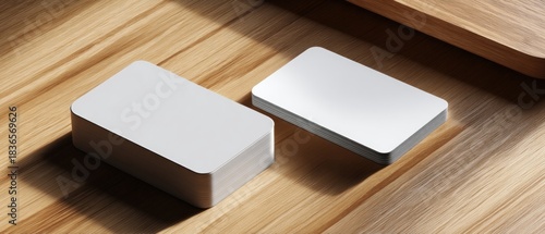 Two stacks of blank white rounded corner cards on a natural wooden surface with distinct shadows, ideal for business card, identity card, or gift card mockups and branding presentations.