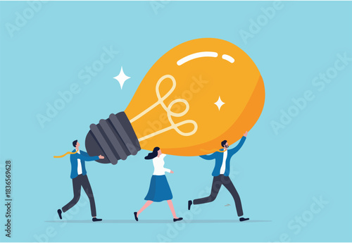 Innovation idea to drive team success, business innovative solution, community or invention help company achieve goal concept, business people teamwork help carry big smart lightbulb innovation idea