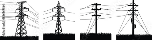 High voltage transmission towers and utility power poles silhouette illustration, detailed electrical line infrastructure vector design for energy industry and engineering projects