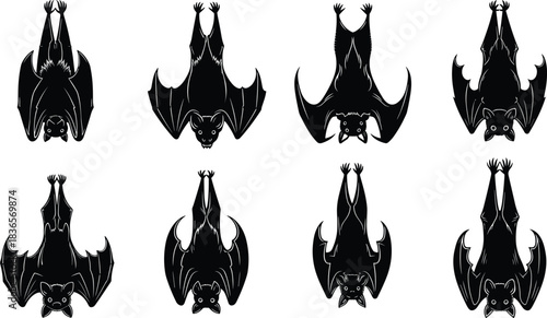 Hanging bat silhouettes collection set, detailed black flying fox vector illustration, spooky nocturnal wildlife icons for Halloween artwork decoration design