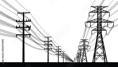 High-Voltage Electricity Transmission Towers and Wooden Utility Poles Silhouette Vector Illustration, Power Grid Infrastructure, Energy Supply, Global Electrification, Distant Perspective View