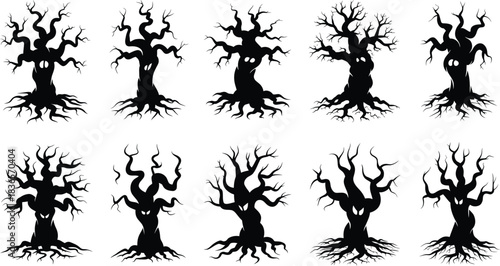 Ten spooky trees with faces, silhouetted against a white background.