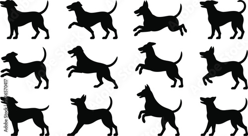 A collection of twelve black dog silhouettes in various dynamic poses including walking, running, and jumping.
