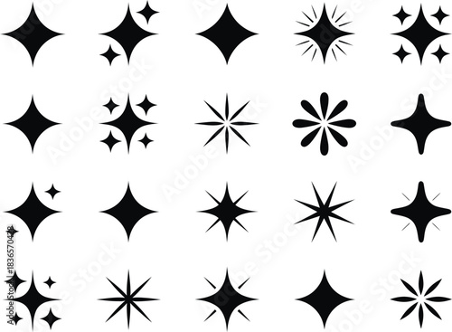 A collection of black sparkle and star icons in various styles on a white background, representing shine and magic.