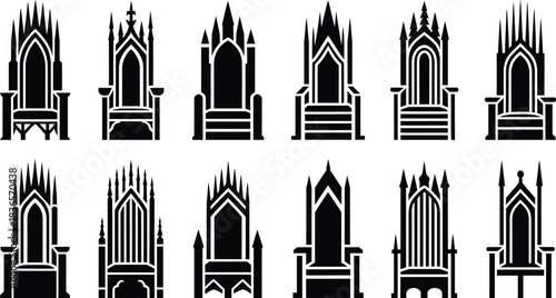 Collection of stylized throne illustrations, showcasing various gothic and ornate chair designs.