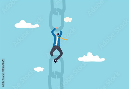 Supply chain problem, risk or vulnerability of industrial business, connection or management to hold chain together concept, fatigue businessman manager holding metal chain together.