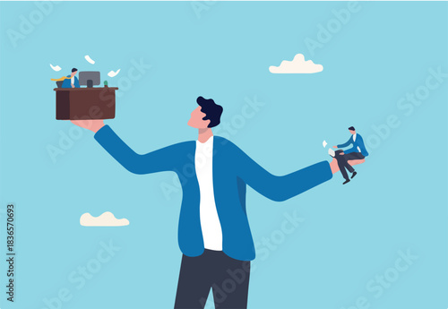 Side job or side hustle to make money, decision or balance between gig economy and main office work, freelancer or salary man routine concept, businessman balance between main work and side hustle
