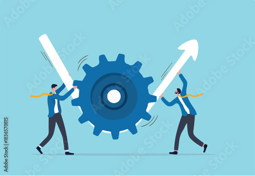 Business transformation or improvement, execution workflow to increase productivity and efficiency, investment profit concept, businessman partner help rotate gear cogwheel to make arrow rising up.