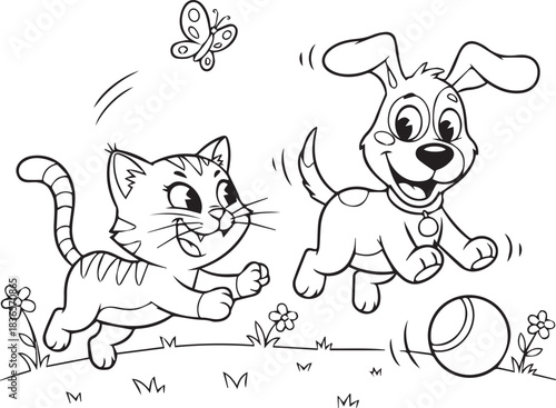 Cat dog play outline
