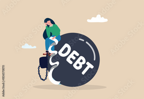 Debt or NPL problem, loan or lending crisis, overspending mistake causing debt burden, recession or bankruptcy, credit default concept, young woman with overdue bill payment chained with debt burden