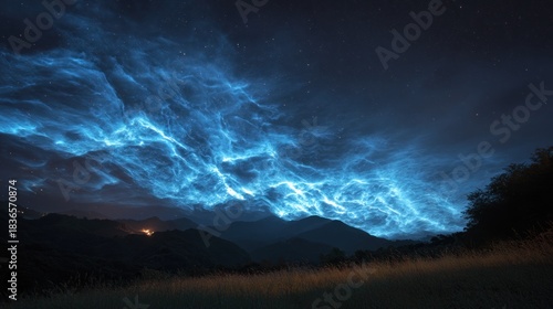 Vibrant blue ethereal nebula and starry night sky over serene mountains and illuminated grass field