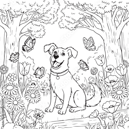 Dog in flower garden