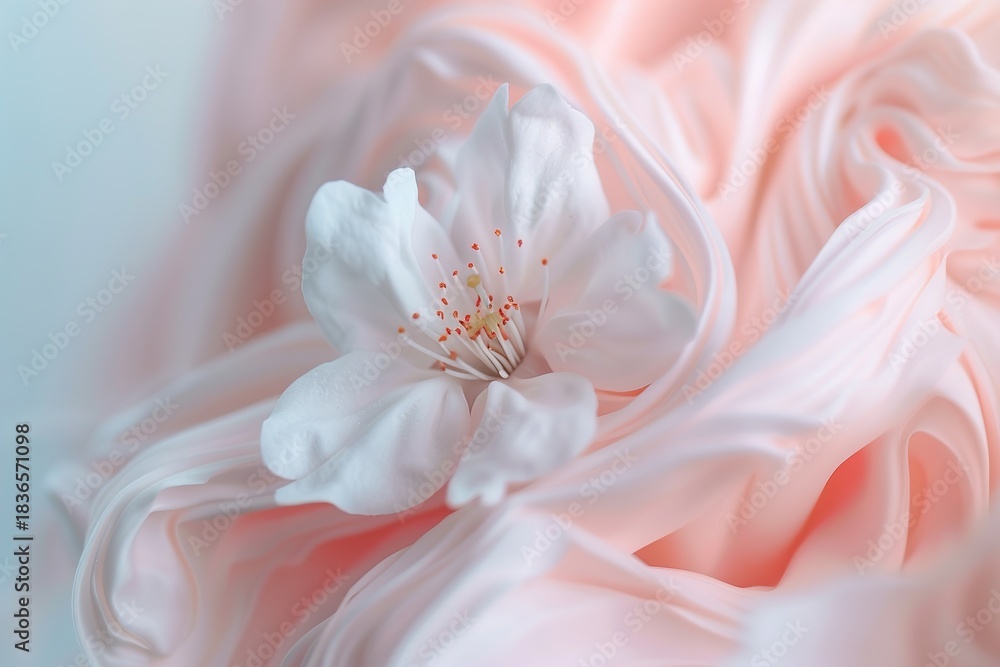 Obraz premium Sakura petals swirl softly at the edges around a white flower resting on smooth pastel fabric. This scene captures the essence of spring and nature's beauty in delicate detail