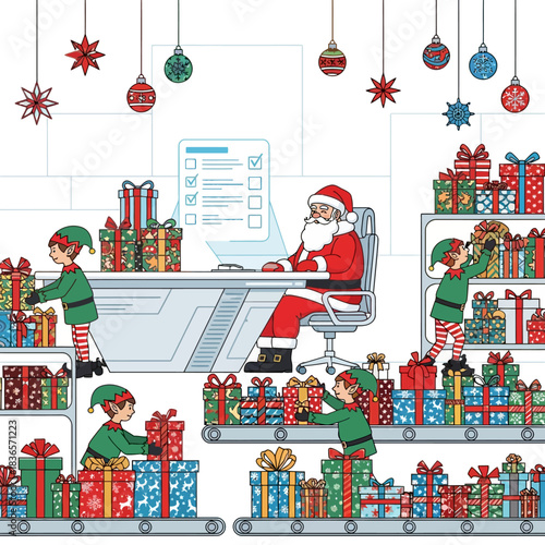 Ilustrasi vektor datar 2D: Sinterklas di bengkel teknologi tinggi mengelola daftar periksa digital yang diproyeksikan, dengan peri menumpuk hadiah Natal yang dibungkus.