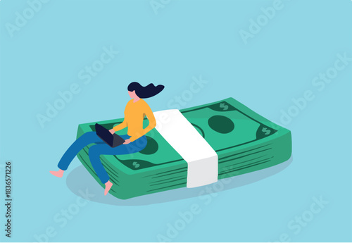 Online business making money, salary or multi income stream, side hustle or side gig earning, investment return concept, young woman working with computer laptop sitting on heap of dollar banknotes