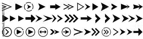 Collection of black directional arrows and play icons on white background right forward
