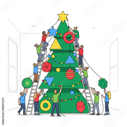Ilustrasi vektor datar 2D yang hidup menunjukkan tim yang beragam berkolaborasi menggantung ornamen Natal geometris datar yang besar pada pohon bergaya untuk persiapan liburan.
