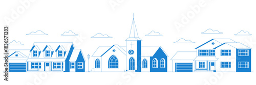 Suburban neighborhood landscape. Countryside cottage homes and church near the road. Vector. Neighborhood house, Street building, real estate architecture, apartment. Facade house in country cityscape