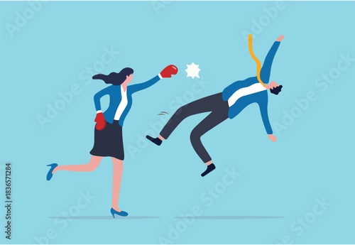 Success businesswoman winning business competition, woman leadership or challenge to overcome or defeat enemy concept, strong confidence businesswoman leader punch a businessman to knockout winning.