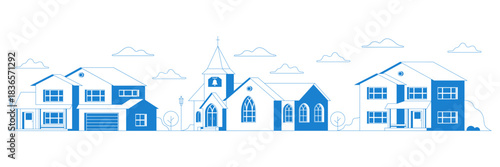 Suburban neighborhood landscape. Countryside cottage homes and church near the road. Vector. Neighborhood house, Street building, real estate architecture, apartment. Facade house in country cityscape
