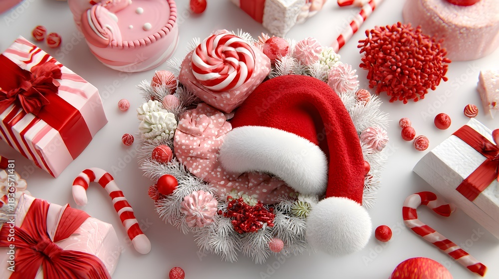 Fototapeta premium A festive christmas arrangement with santa hat gifts and sweets on a white surface top down view