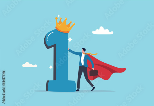 First winner achievement, success or business victory, award winning celebration or best employee of the month, triumph concept, success businessman superhero stand with 1st place award with crown.