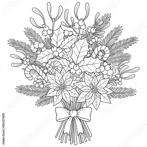 Christmas Floral Bouquet Coloring Page – Poinsettia Flowers, Holly Leaves, Berries, Mistletoe, Candy Canes and Ribbon Festive Line Art