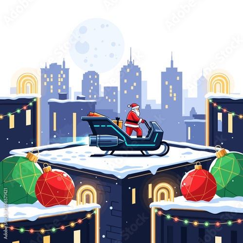 Flat 2D vector illustration of Santa Claus landing his futuristic aerodynamic sleigh on a snowy metropolitan rooftop late at night, highlighting the magical city skyline and vibrant holiday lights.