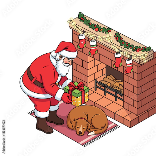 Vibrant 2D vector scene: Santa Claus places a brightly colored gift box by a decorated Christmas fireplace, featuring hanging stockings and a sleeping dog on the hearth.