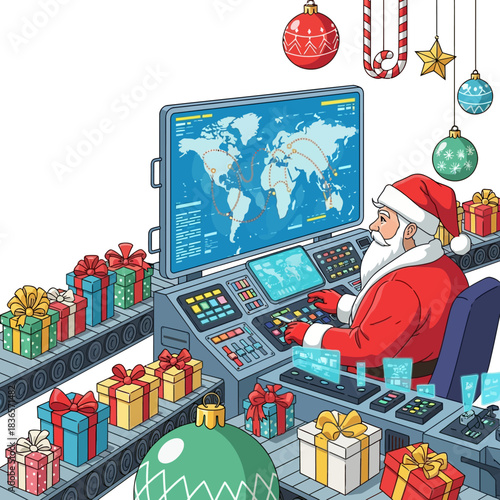 Ilustrasi vektor datar 2D yang cerah menampilkan Santa Claus mengelola logistik pengiriman hadiah Natal global menggunakan panel kontrol digital dan ban berjalan otomatis.
