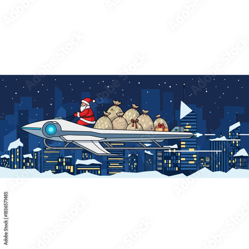 Ilustrasi vektor datar 2D bersemangat menunjukkan Sinterklas mengemudikan kereta luncur terbang berteknologi tinggi ramping di atas lanskap kota geometris bersalju modern pada malam hari.