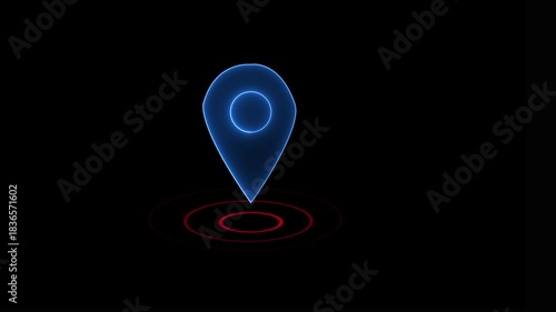Abstract location glowing neon icon fast tracking map pin icon animation on black background.GPS location pointer animated with radio wave,
