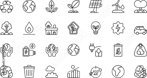 Hand drawn icons representing environmental sustainability and eco friendly concepts