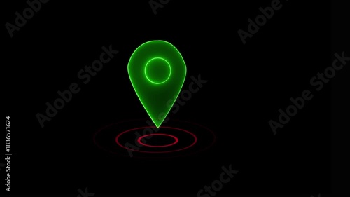 Abstract location glowing neon icon fast tracking map pin icon animation on black background.GPS location pointer animated with radio wave,
